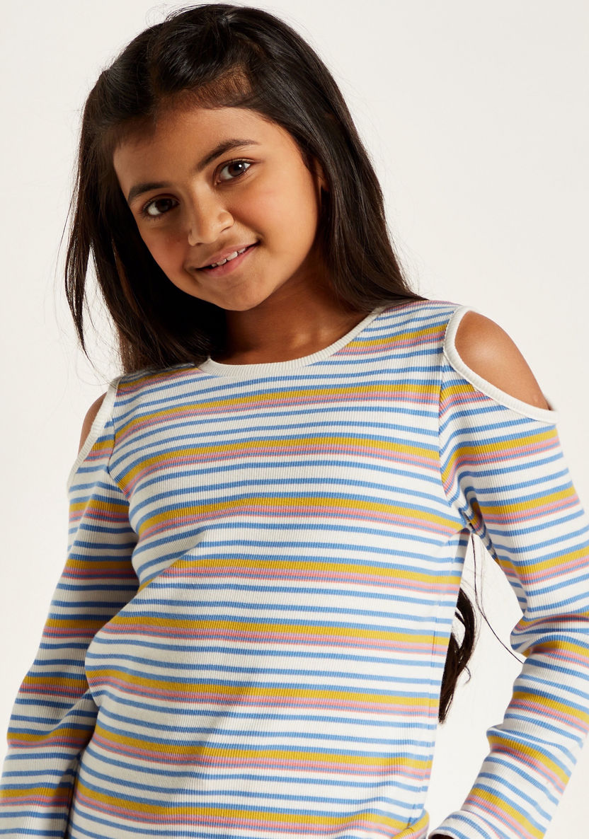 Juniors Striped Top with Cold Shoulder and Long Sleeves-T Shirts-image-2