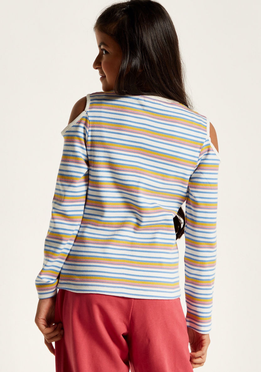 Juniors Striped Top with Cold Shoulder and Long Sleeves-T Shirts-image-3