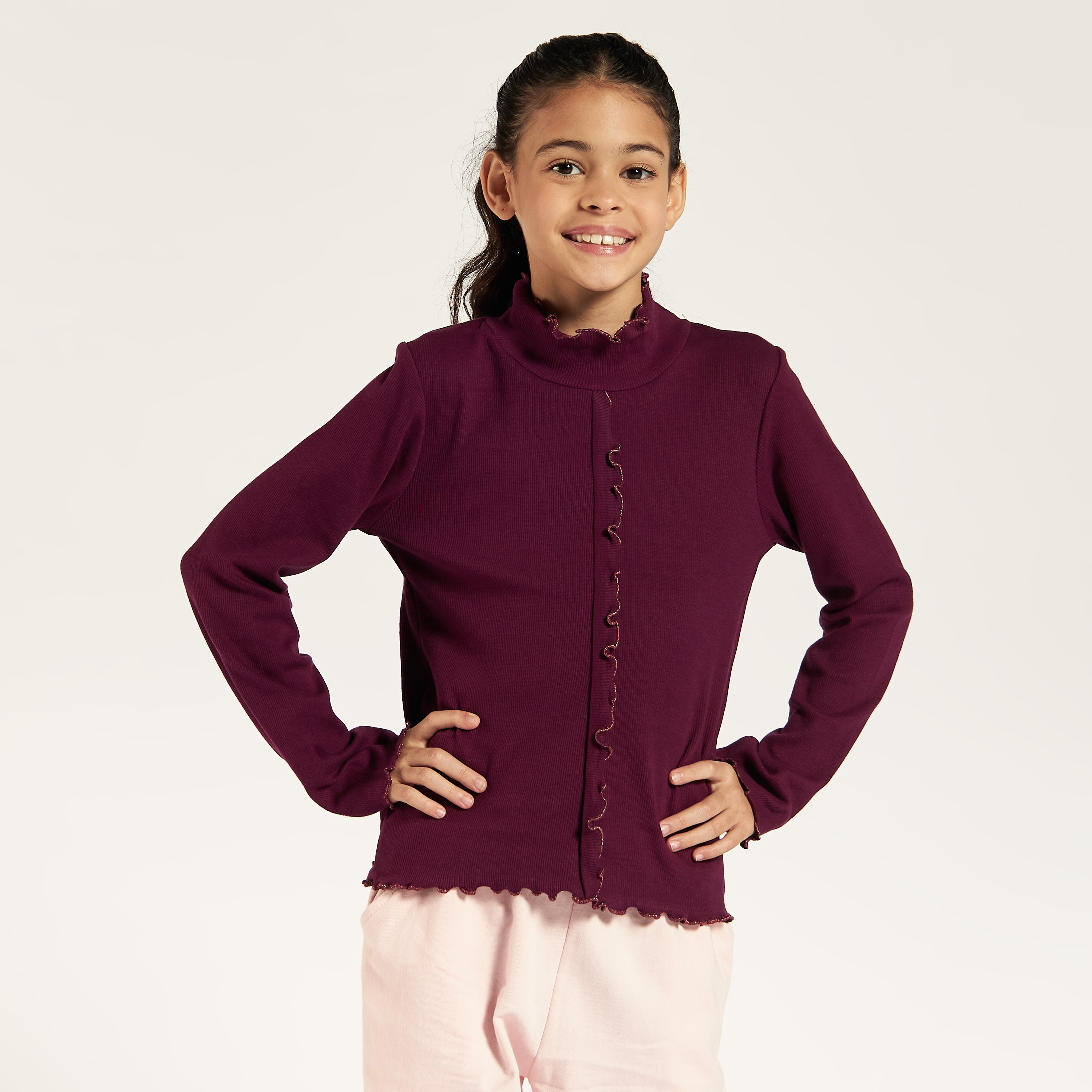 Juniors Solid Top with High Neck and Long Sleeves-girls-clothing-schoolwear-tshirts-image-2