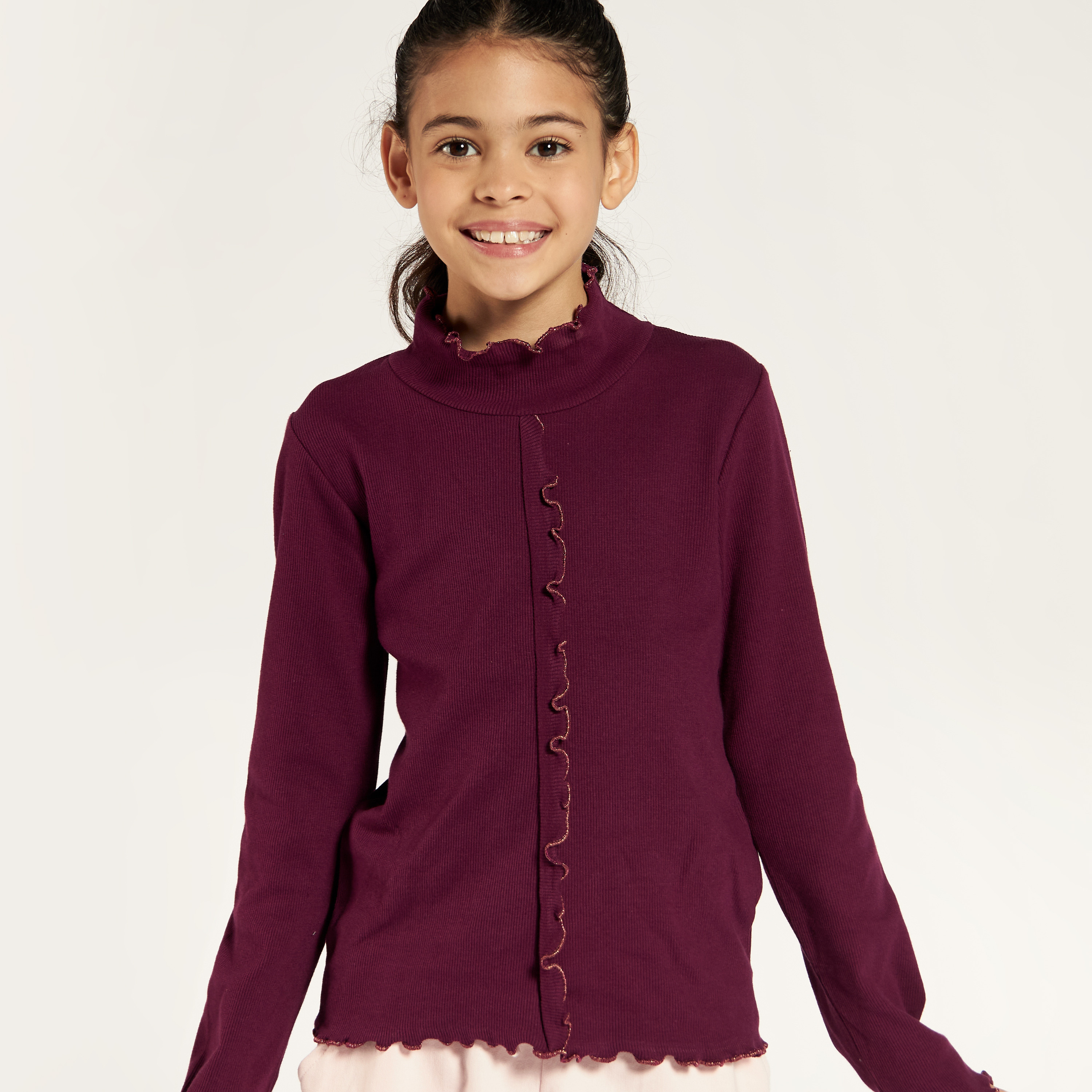 Juniors Solid Top with High Neck and Long Sleeves-girls-clothing-schoolwear-tshirts-image-3