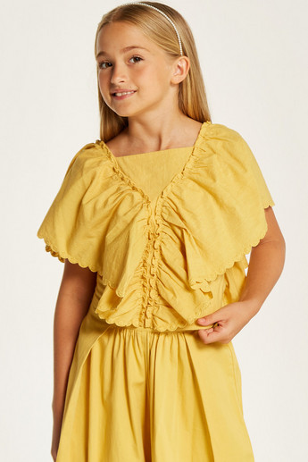 Juniors Solid Top with Ruffle Detail and Short Sleeves