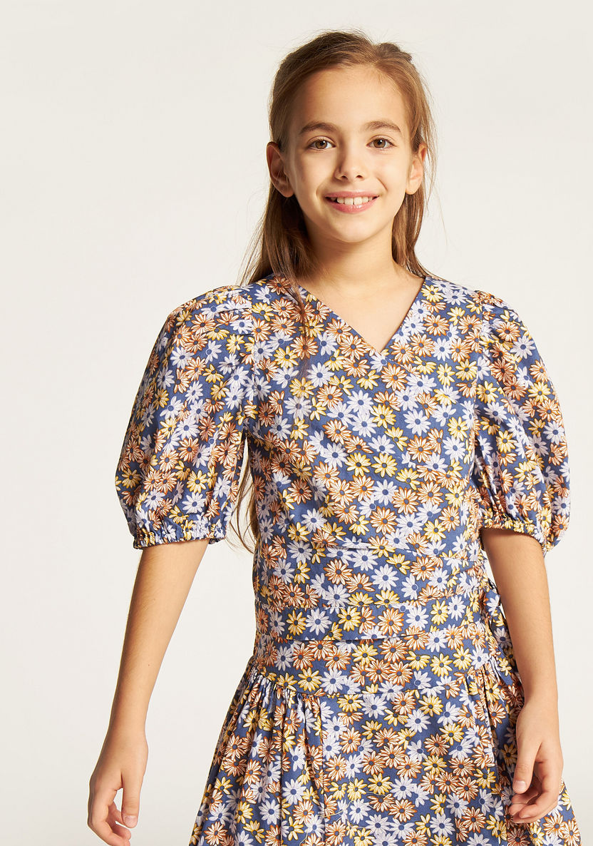 Juniors Floral Print V-neck Top with Puff Sleeves-Blouses-image-0
