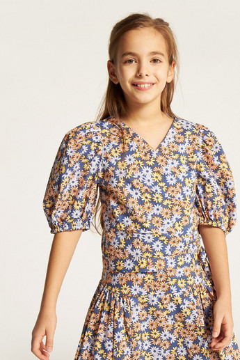 Juniors Floral Print V-neck Top with Puff Sleeves