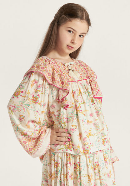 Juniors Floral Print A-line Top with Ruffles and Long Sleeves