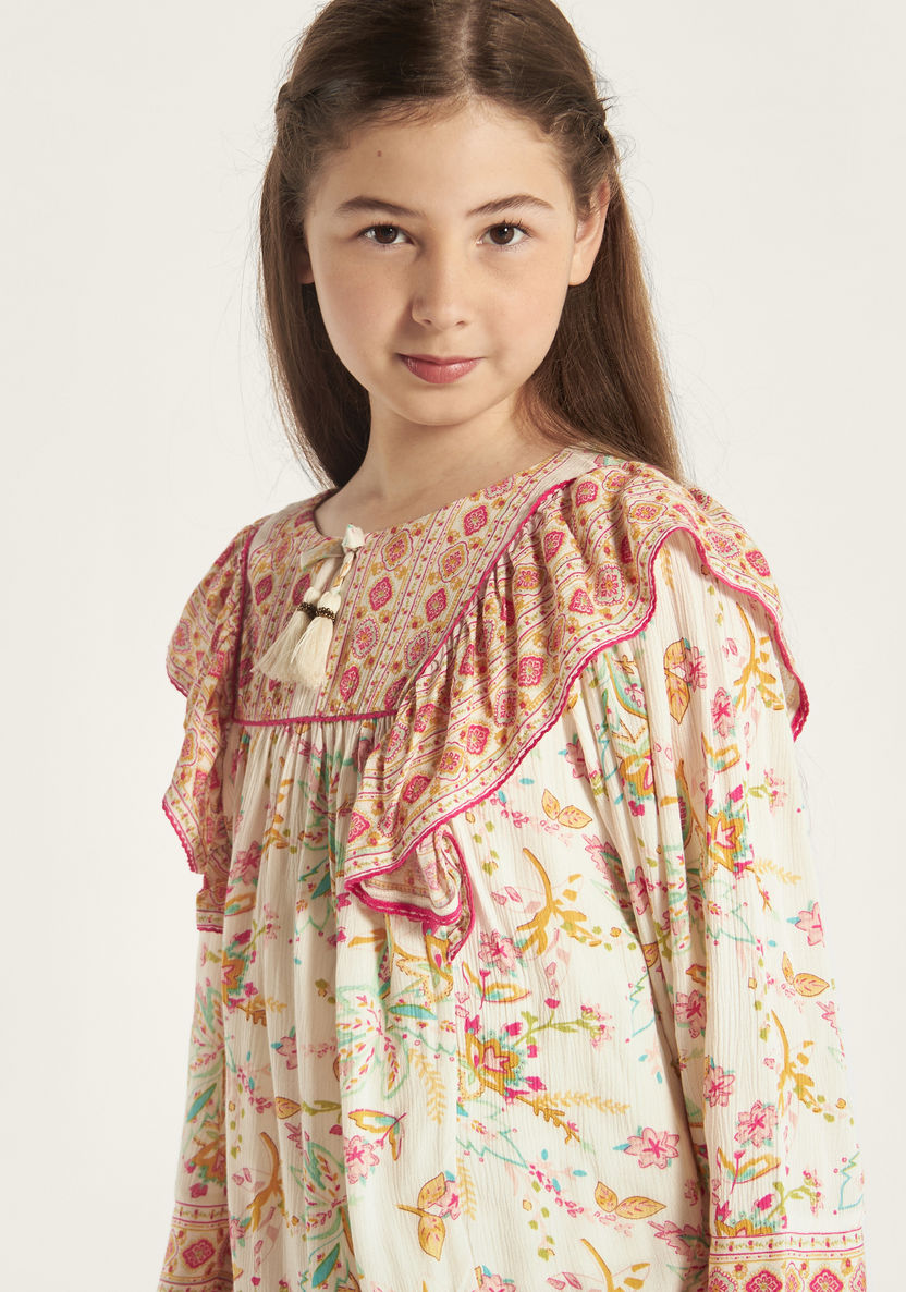 Juniors Floral Print A-line Top with Ruffles and Long Sleeves-Blouses-image-2
