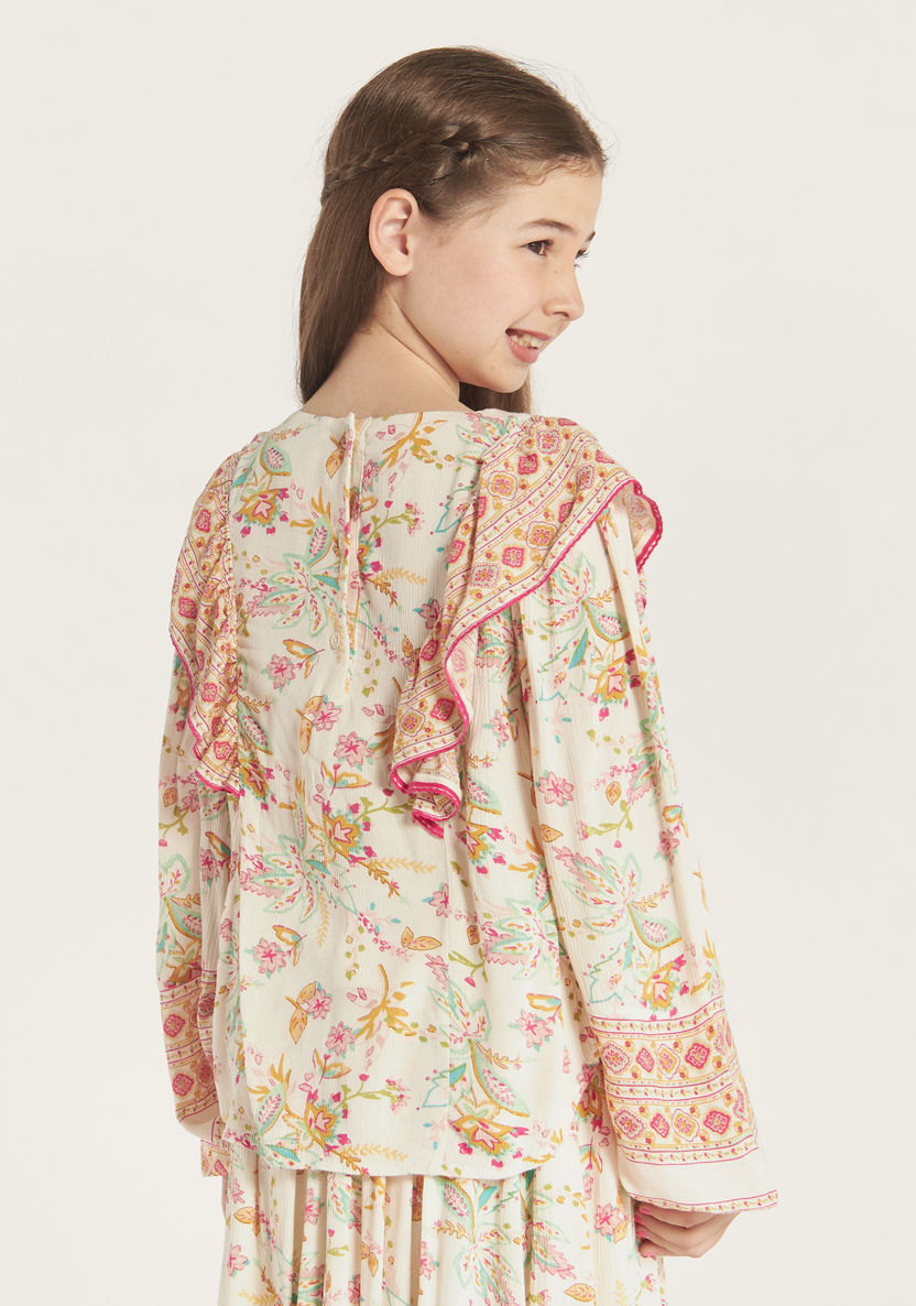 Juniors Floral Print A-line Top with Ruffles and Long Sleeves-Blouses-image-3