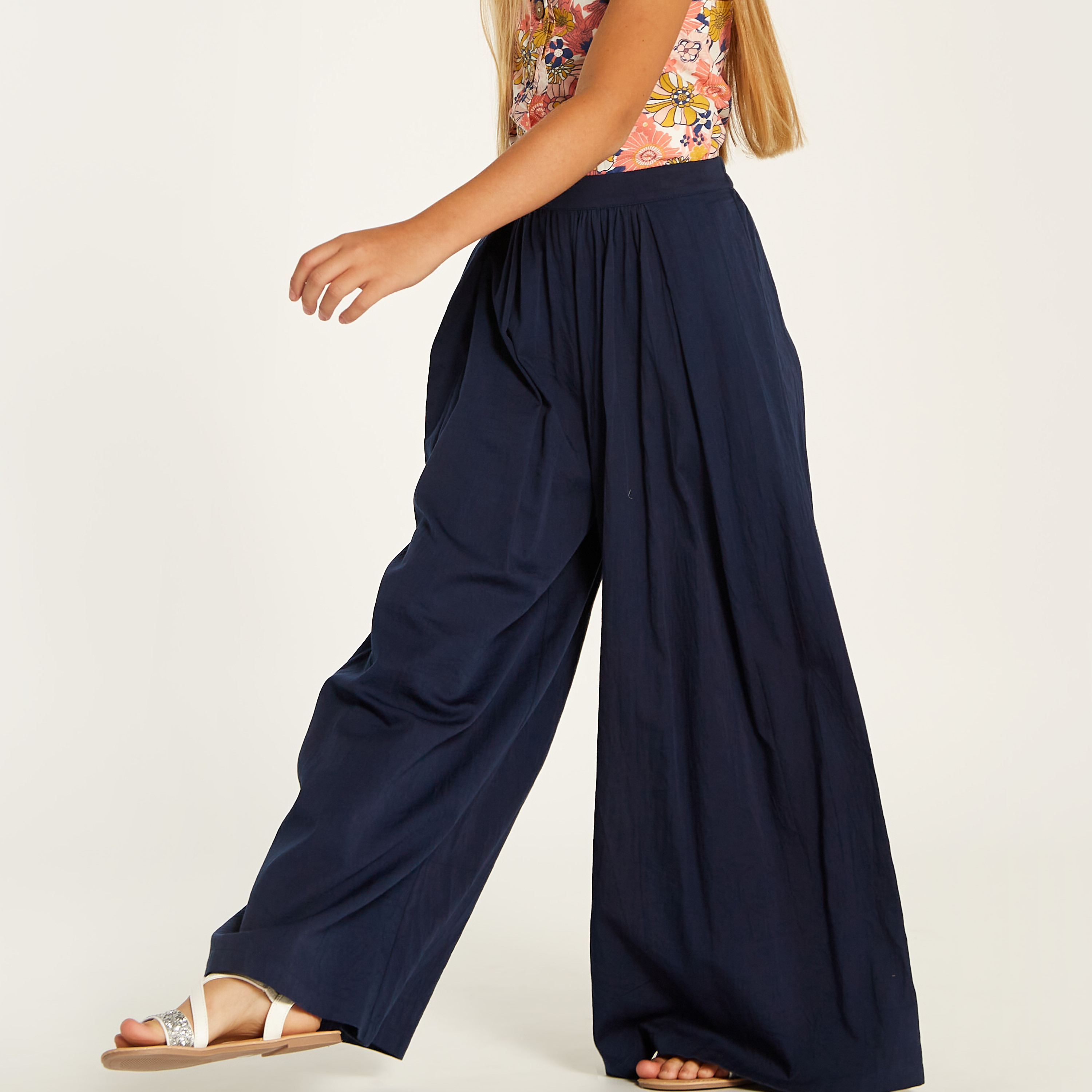 Juniors Solid Palazzo Pants with Elasticated Waistband-girls-clothing-bottoms-trousers-image-3