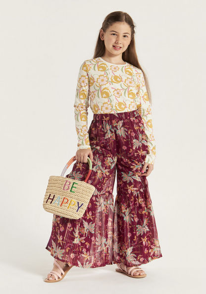 Juniors Floral Print Palazzo Pants with Elasticised Waistband and Slits-Pants-image-0