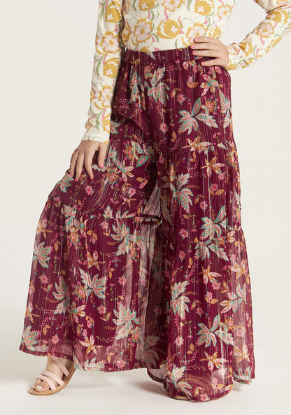 Juniors Floral Print Palazzo Pants with Elasticised Waistband and Slits-Pants-image-1
