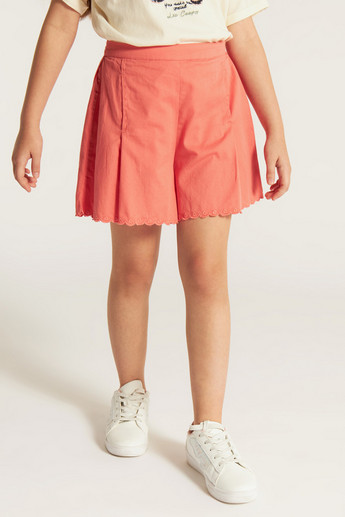 Juniors Solid Shorts with Scallop Hem and Zip Closure