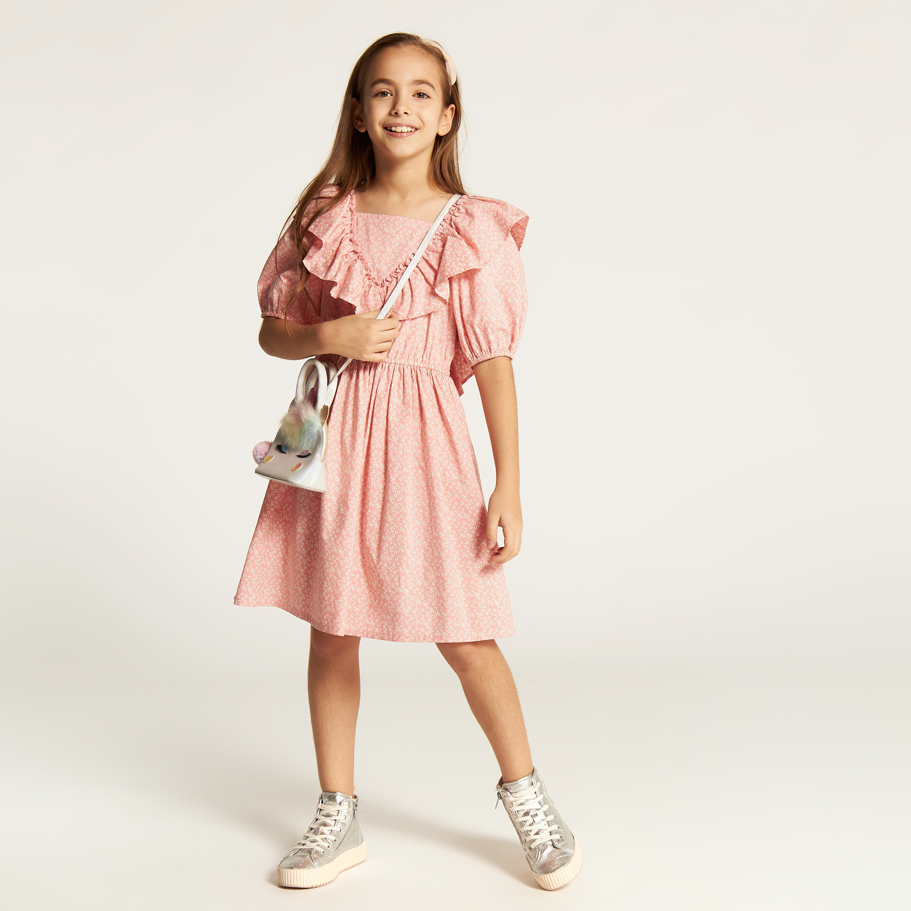 Juniors Printed Square Neck Dress with Short Sleeves and Ruffle Detail-girls-clothing-dressesandjumpsuits-image-1