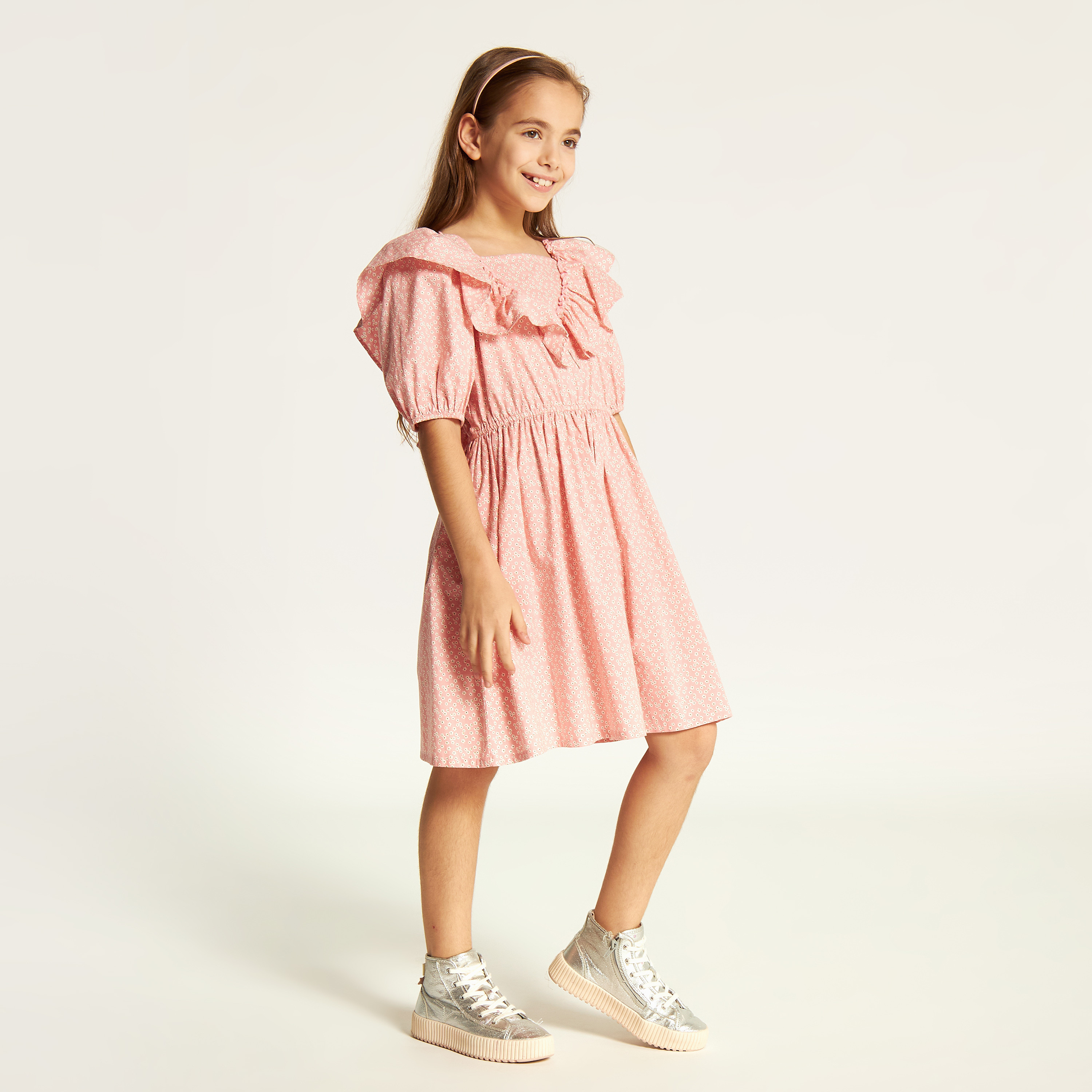 Juniors Printed Square Neck Dress with Short Sleeves and Ruffle Detail-girls-clothing-dressesandjumpsuits-image-2