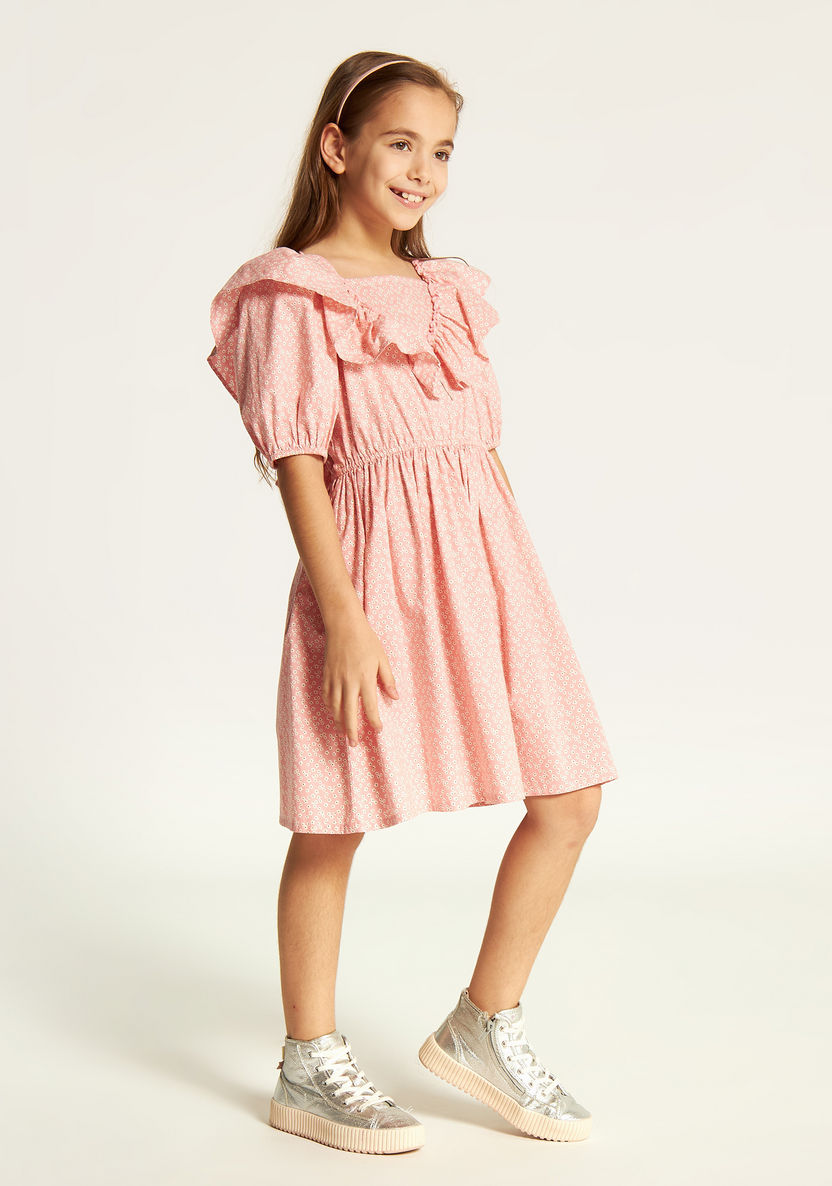 Juniors Printed Square Neck Dress with Short Sleeves and Ruffle Detail-Dresses%2C Gowns and Frocks-image-1