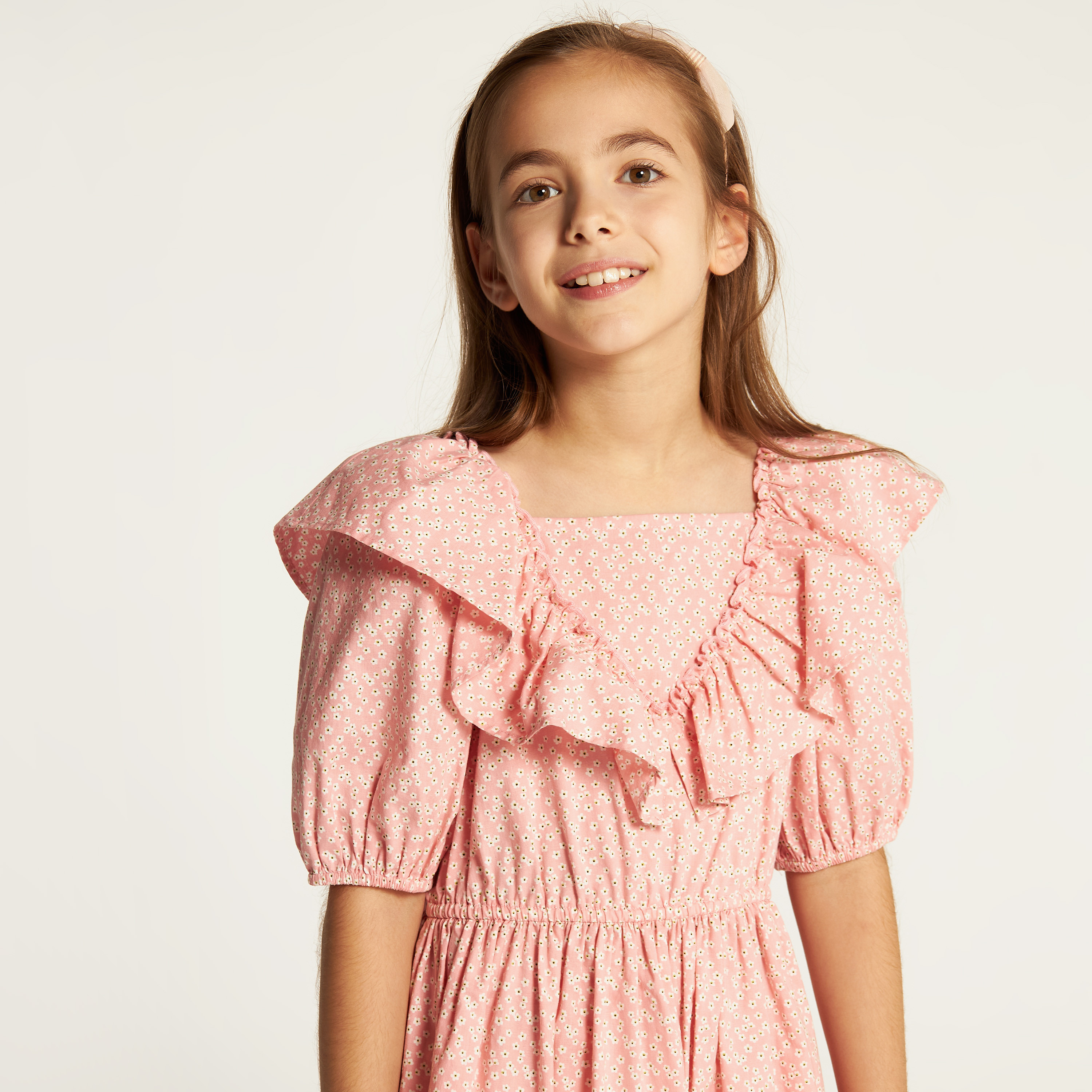 Juniors Printed Square Neck Dress with Short Sleeves and Ruffle Detail-girls-clothing-dressesandjumpsuits-image-3