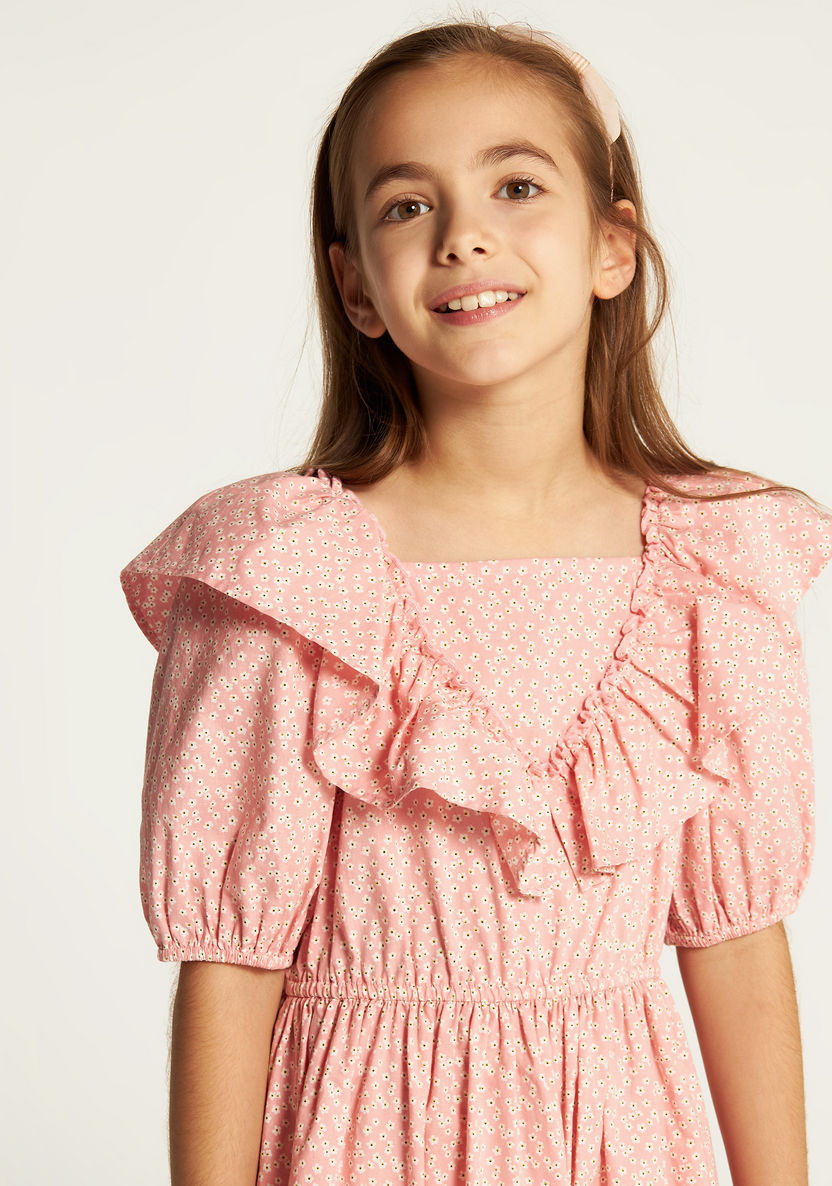 Juniors Printed Square Neck Dress with Short Sleeves and Ruffle Detail-Dresses%2C Gowns and Frocks-image-2