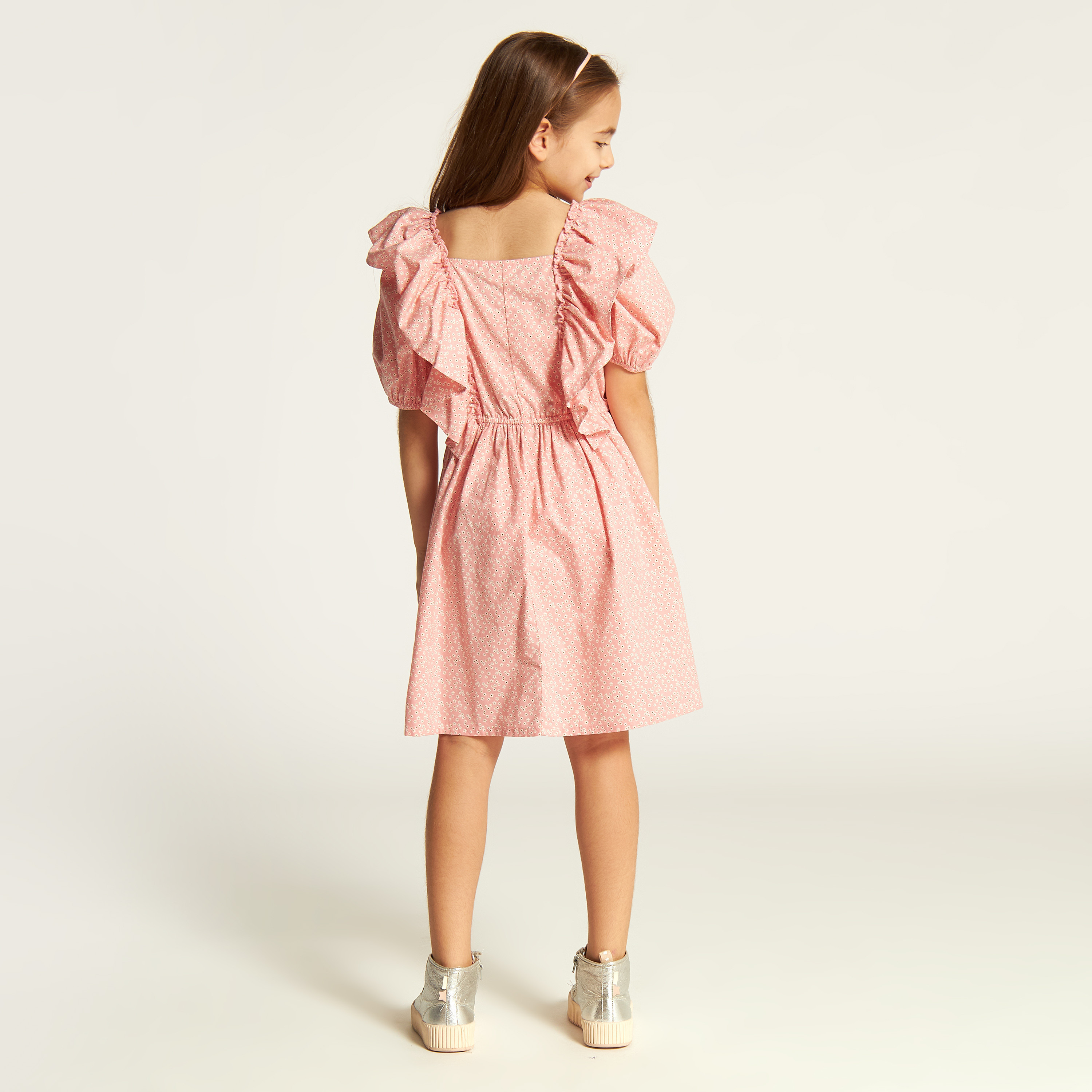 Juniors Printed Square Neck Dress with Short Sleeves and Ruffle Detail-girls-clothing-dressesandjumpsuits-image-4