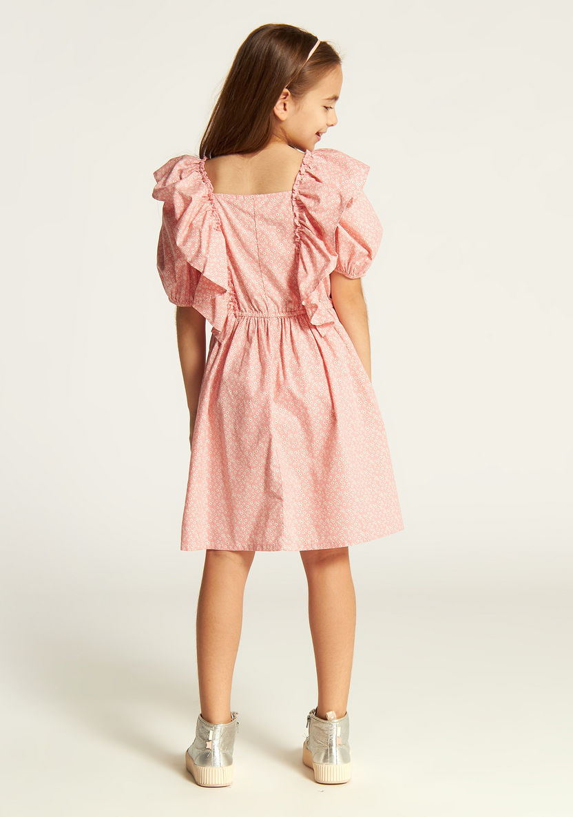 Juniors Printed Square Neck Dress with Short Sleeves and Ruffle Detail-Dresses%2C Gowns and Frocks-image-3