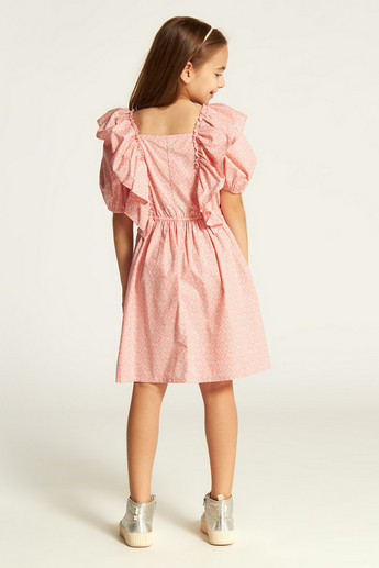 Juniors Printed Square Neck Dress with Short Sleeves and Ruffle Detail