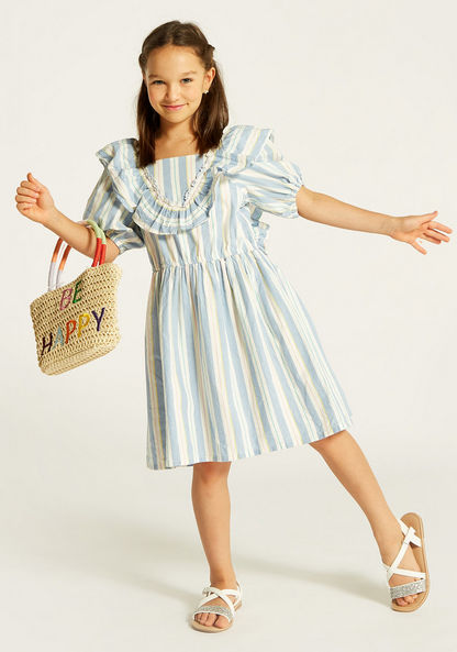 Juniors Striped A-line Dress with Ruffles and Puff Sleeves-Dresses%2C Gowns and Frocks-image-0