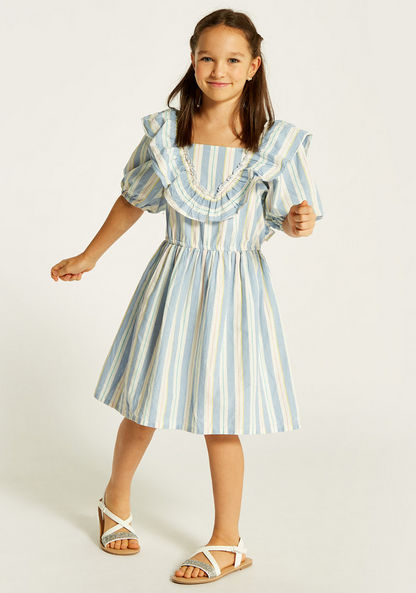 Juniors Striped A-line Dress with Ruffles and Puff Sleeves-Dresses%2C Gowns and Frocks-image-1