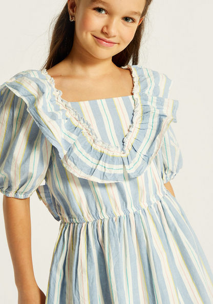 Juniors Striped A-line Dress with Ruffles and Puff Sleeves-Dresses%2C Gowns and Frocks-image-2