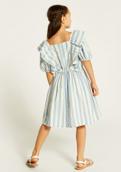 Juniors Striped A-line Dress with Ruffles and Puff Sleeves-Dresses%2C Gowns and Frocks-image-3
