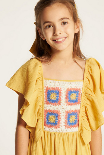 Juniors Tiered Square Neck Dress with Ruffle Sleeves and Crochet Detail
