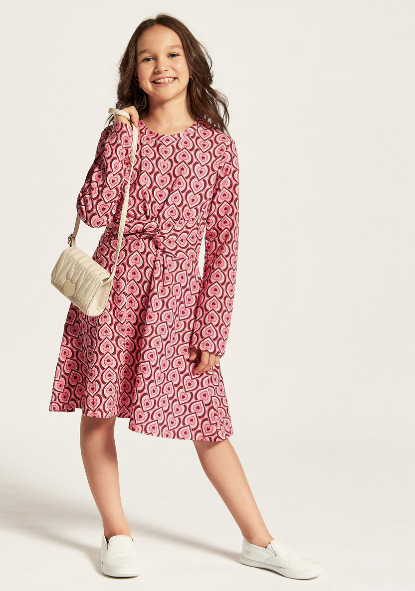 Juniors Heart Print A-line Dress with Knot Detail and Long Sleeves-Dresses, Gowns & Frocks-image-0