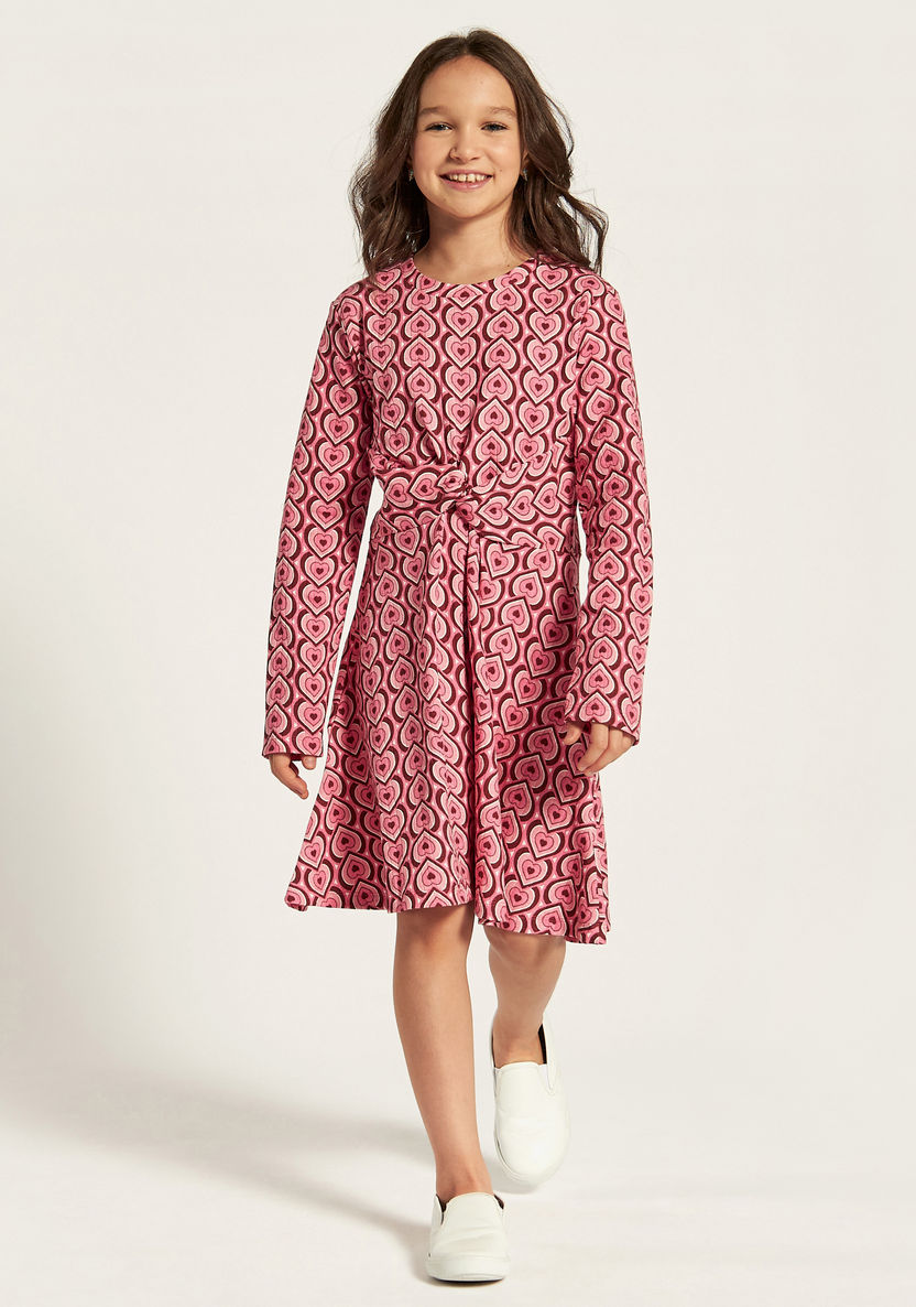Juniors Heart Print A-line Dress with Knot Detail and Long Sleeves-Dresses, Gowns & Frocks-image-1