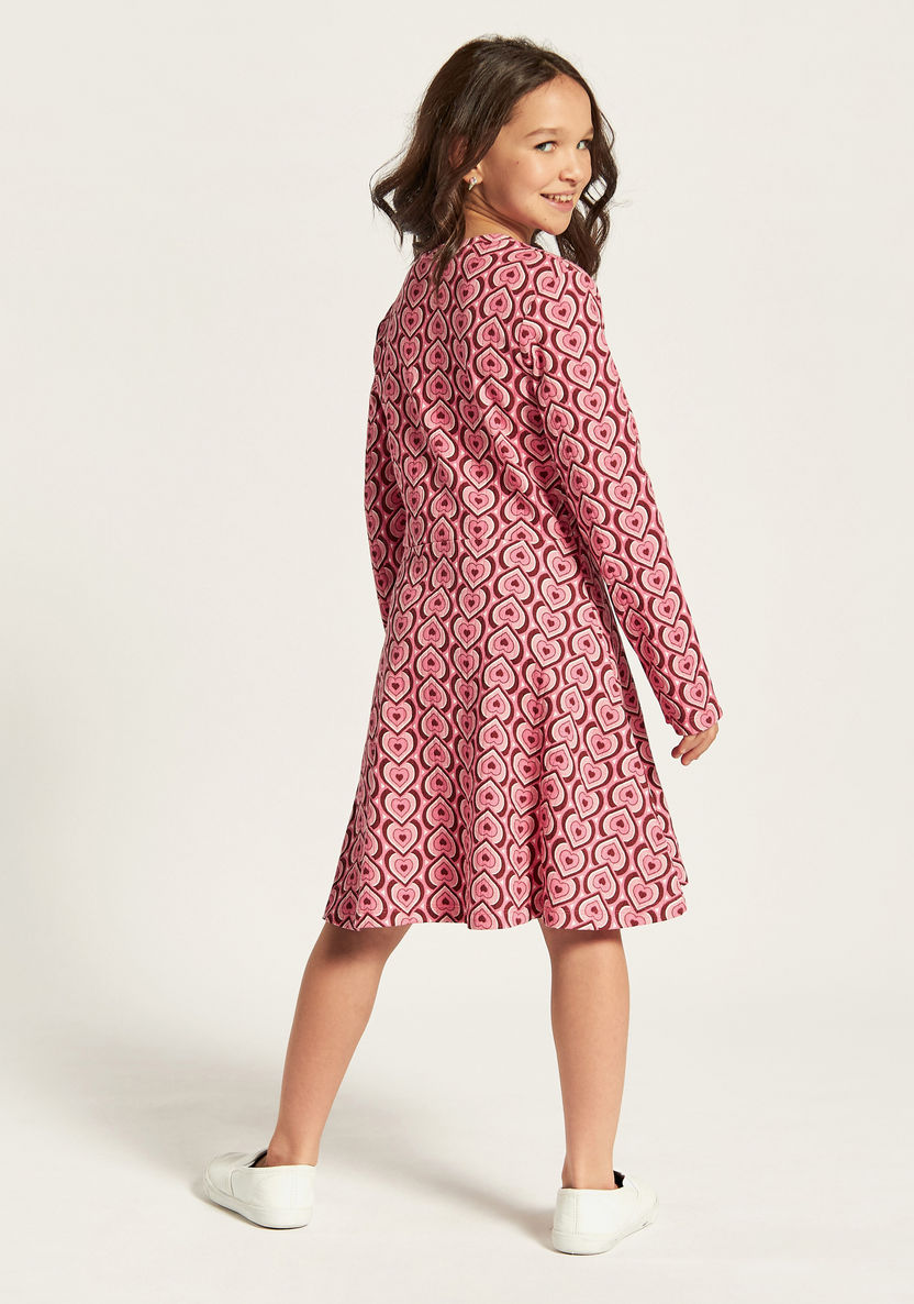 Juniors Heart Print A-line Dress with Knot Detail and Long Sleeves-Dresses, Gowns & Frocks-image-3