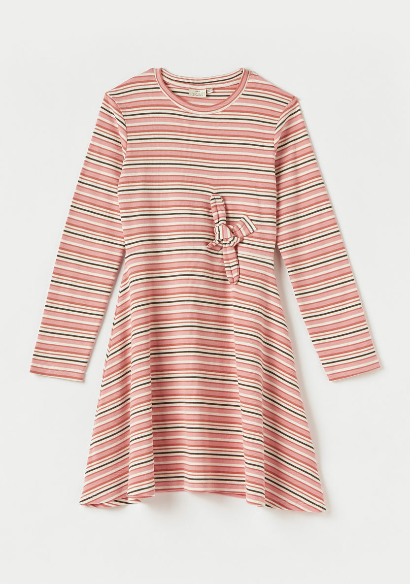 Juniors Striped Round Neck Dress with Long Sleeves and Twist Detail-Dresses%2C Gowns and Frocks-image-0