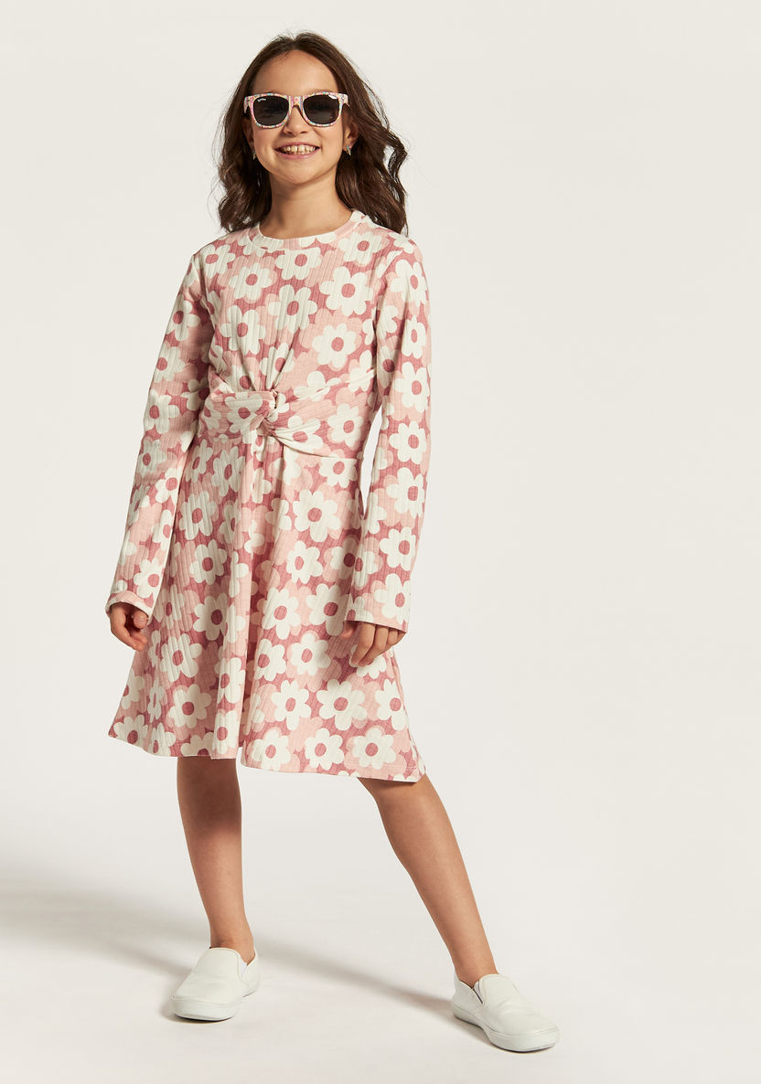 Juniors Floral Print A-line Dress with Knot Detail and Long Sleeves-Dresses, Gowns & Frocks-image-0