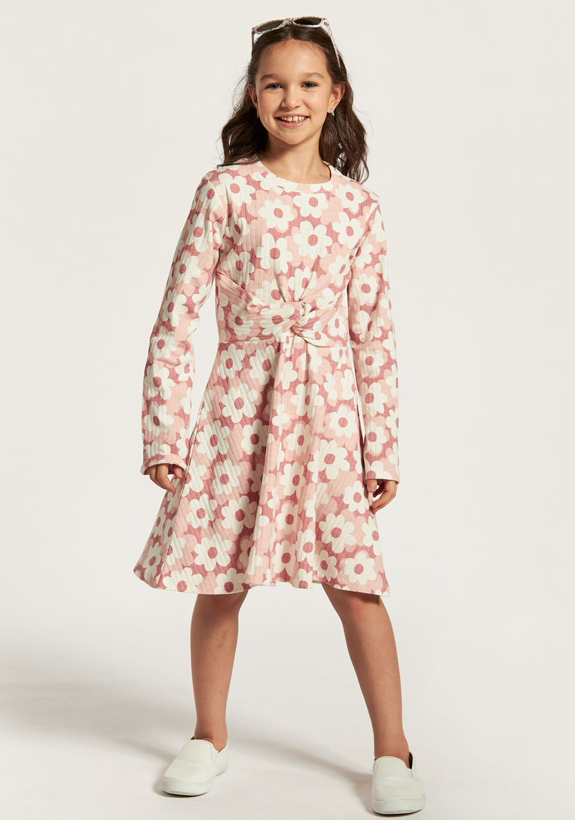 Juniors Floral Print A-line Dress with Knot Detail and Long Sleeves-Dresses, Gowns & Frocks-image-1