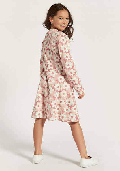 Juniors Floral Print A-line Dress with Knot Detail and Long Sleeves