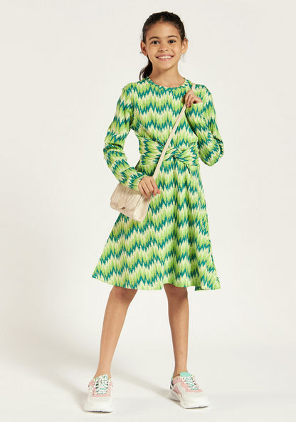 Juniors Printed Round Neck Dress with Long Sleeves and Knot Detail