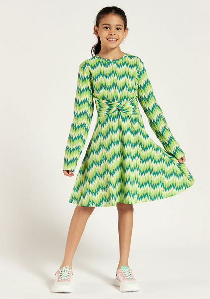 Juniors Printed Round Neck Dress with Long Sleeves and Knot Detail-Dresses%2C Gowns and Frocks-image-1
