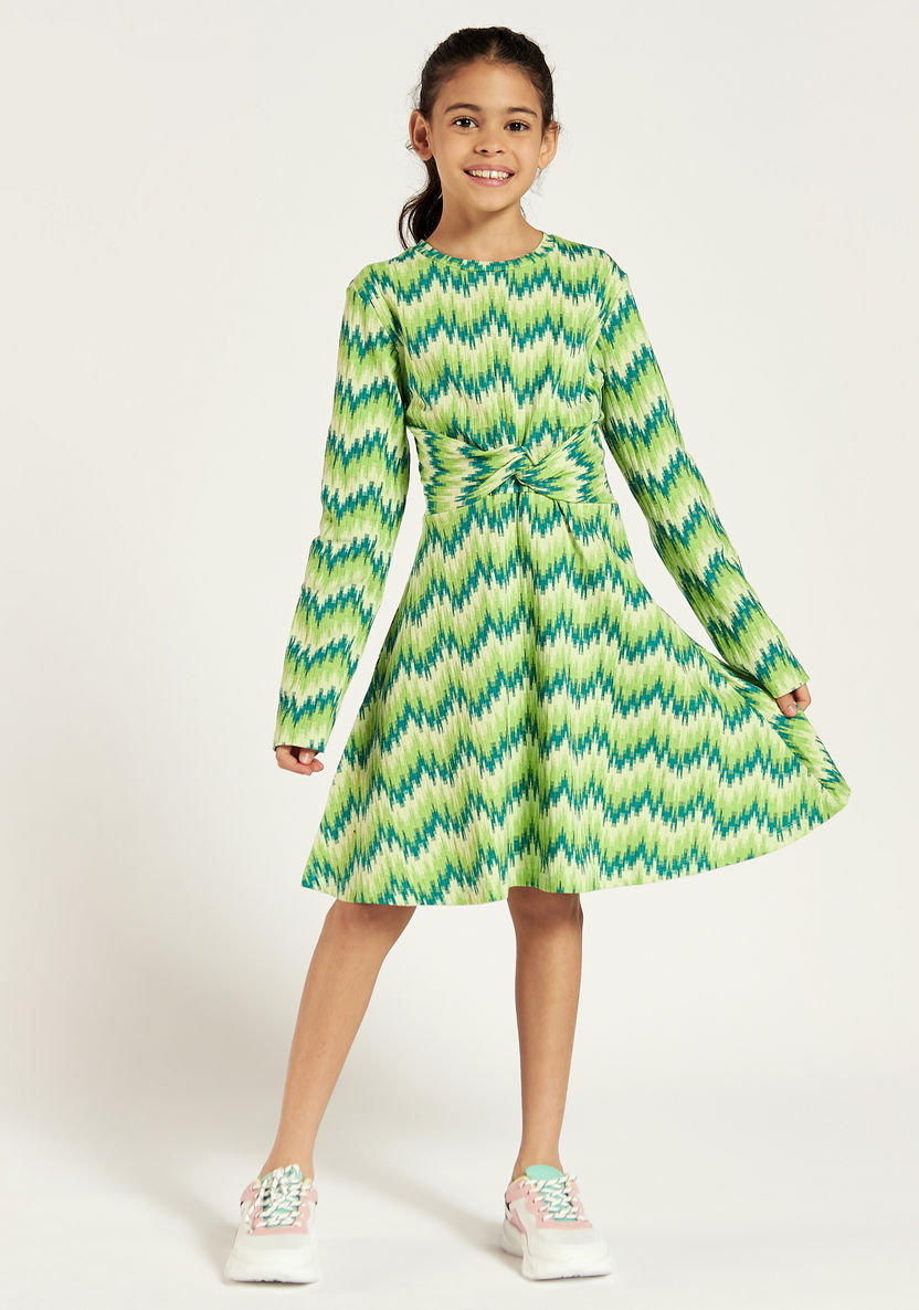 Juniors Printed Round Neck Dress with Long Sleeves and Knot Detail-Dresses, Gowns & Frocks-image-1