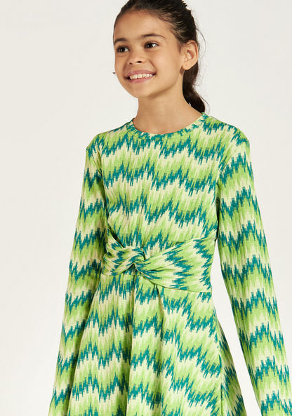 Juniors Printed Round Neck Dress with Long Sleeves and Knot Detail