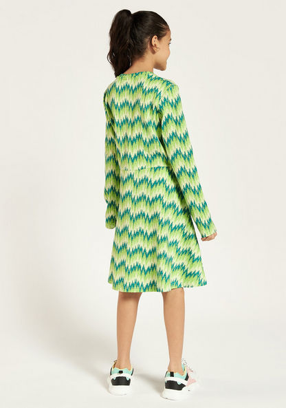 Juniors Printed Round Neck Dress with Long Sleeves and Knot Detail-Dresses%2C Gowns and Frocks-image-3