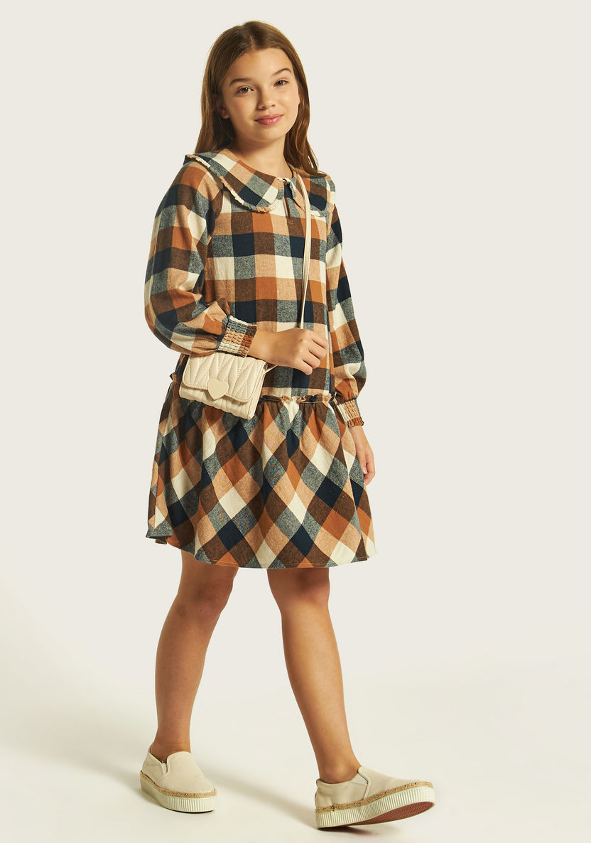 Juniors Checked Long Sleeves Dress with Peter Pan Collar and Drop Waist-Dresses, Gowns & Frocks-image-0