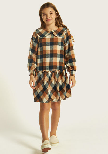 Juniors Checked Long Sleeves Dress with Peter Pan Collar and Drop Waist