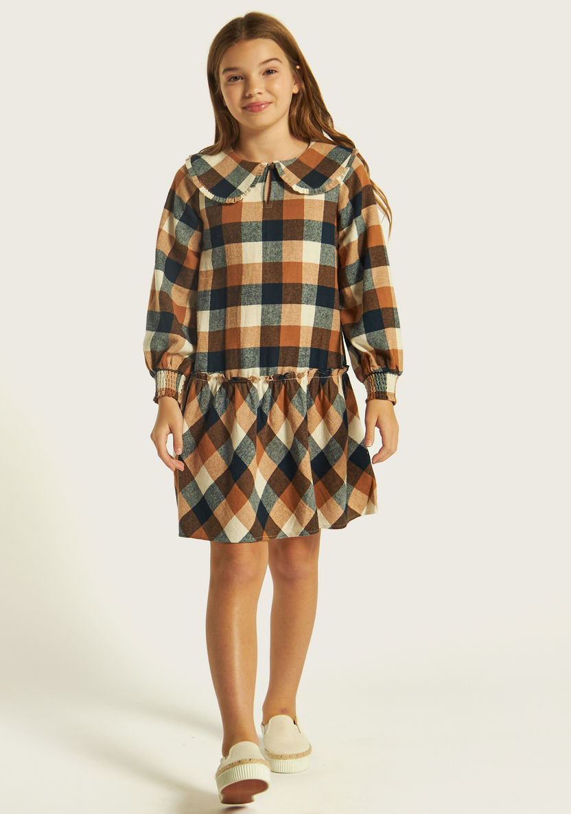 Juniors Checked Long Sleeves Dress with Peter Pan Collar and Drop Waist-Dresses, Gowns & Frocks-image-1