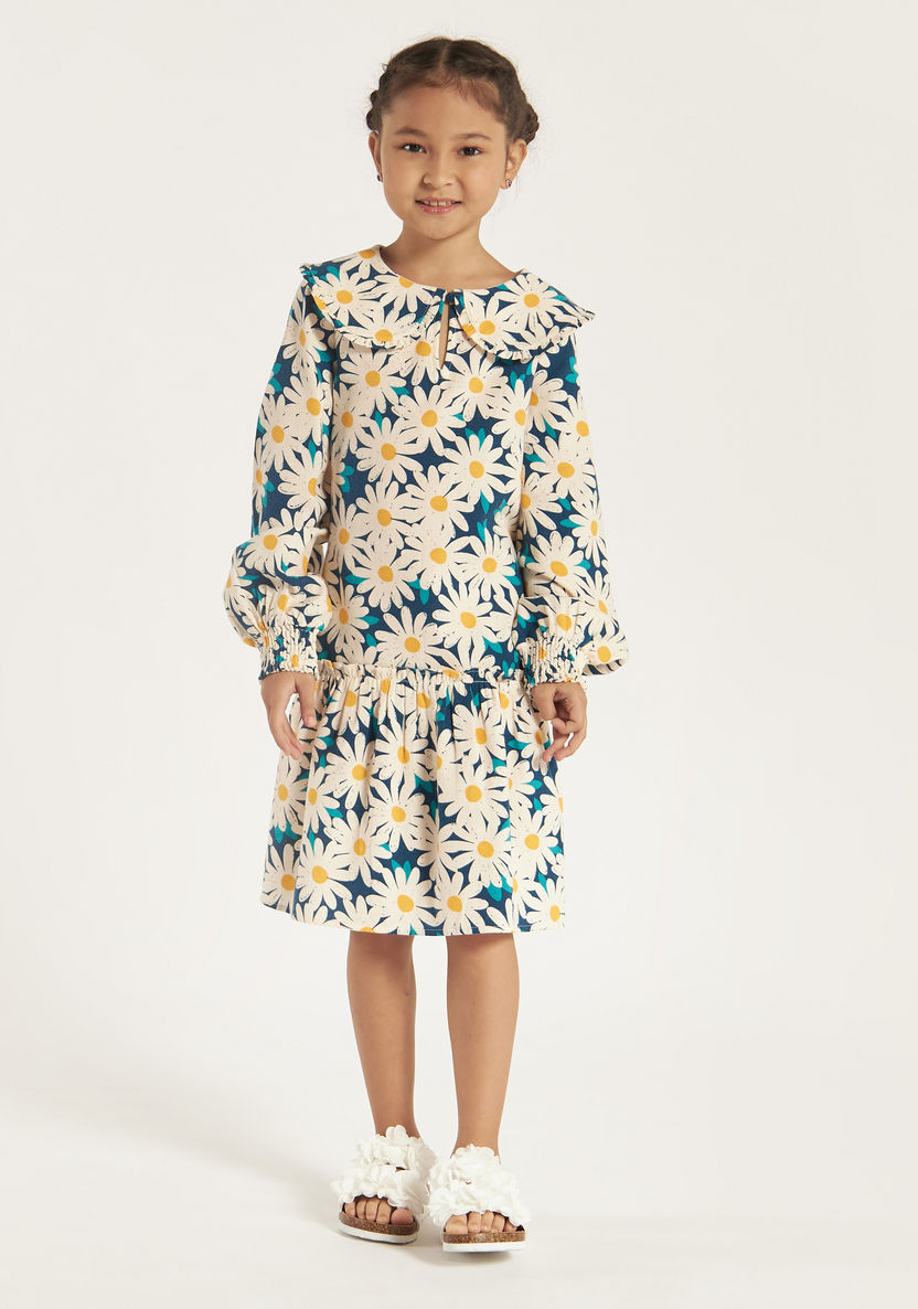 Juniors All Over Floral Print Drop Waist Dress with Peter Pan Neck-Dresses, Gowns & Frocks-image-1
