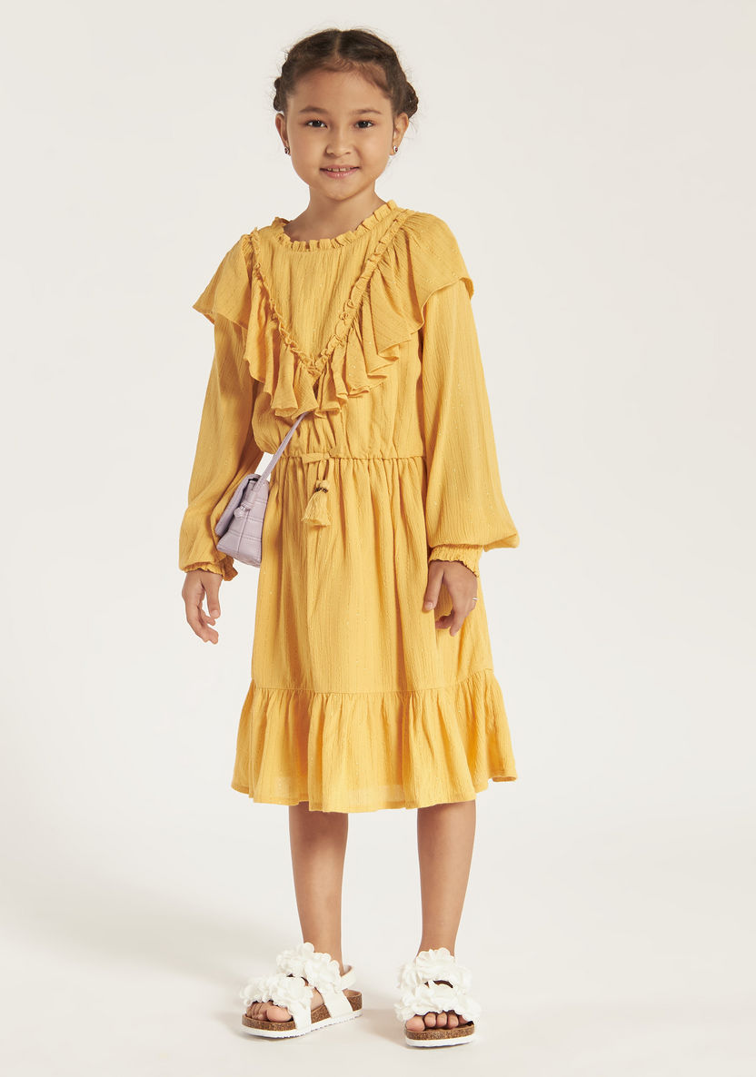 Juniors Solid Dress with Ruffles and Long Sleeves-Dresses, Gowns & Frocks-image-0