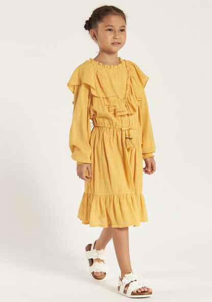 Juniors Solid Dress with Ruffles and Long Sleeves