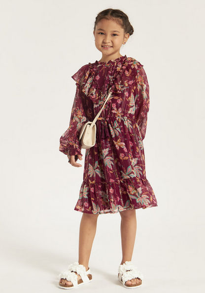 Juniors All Over Print Dress with Round Neck and Ruffle Detail