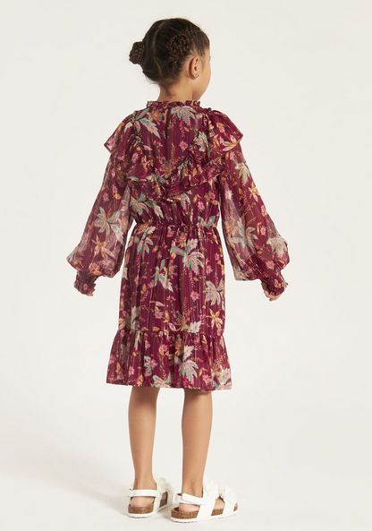 Juniors All Over Print Dress with Round Neck and Ruffle Detail