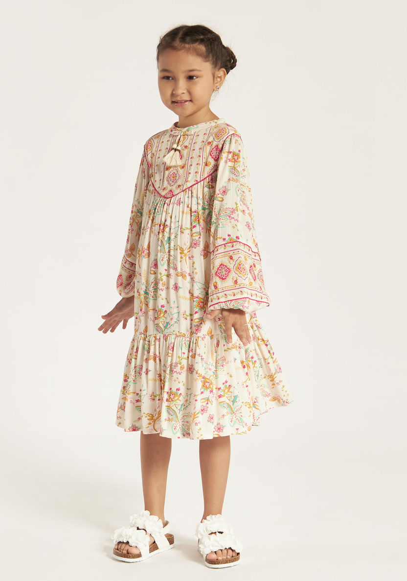 Juniors All Over Floral Print Drop Waist Dress with Tie-Up Neck-Dresses, Gowns & Frocks-image-1