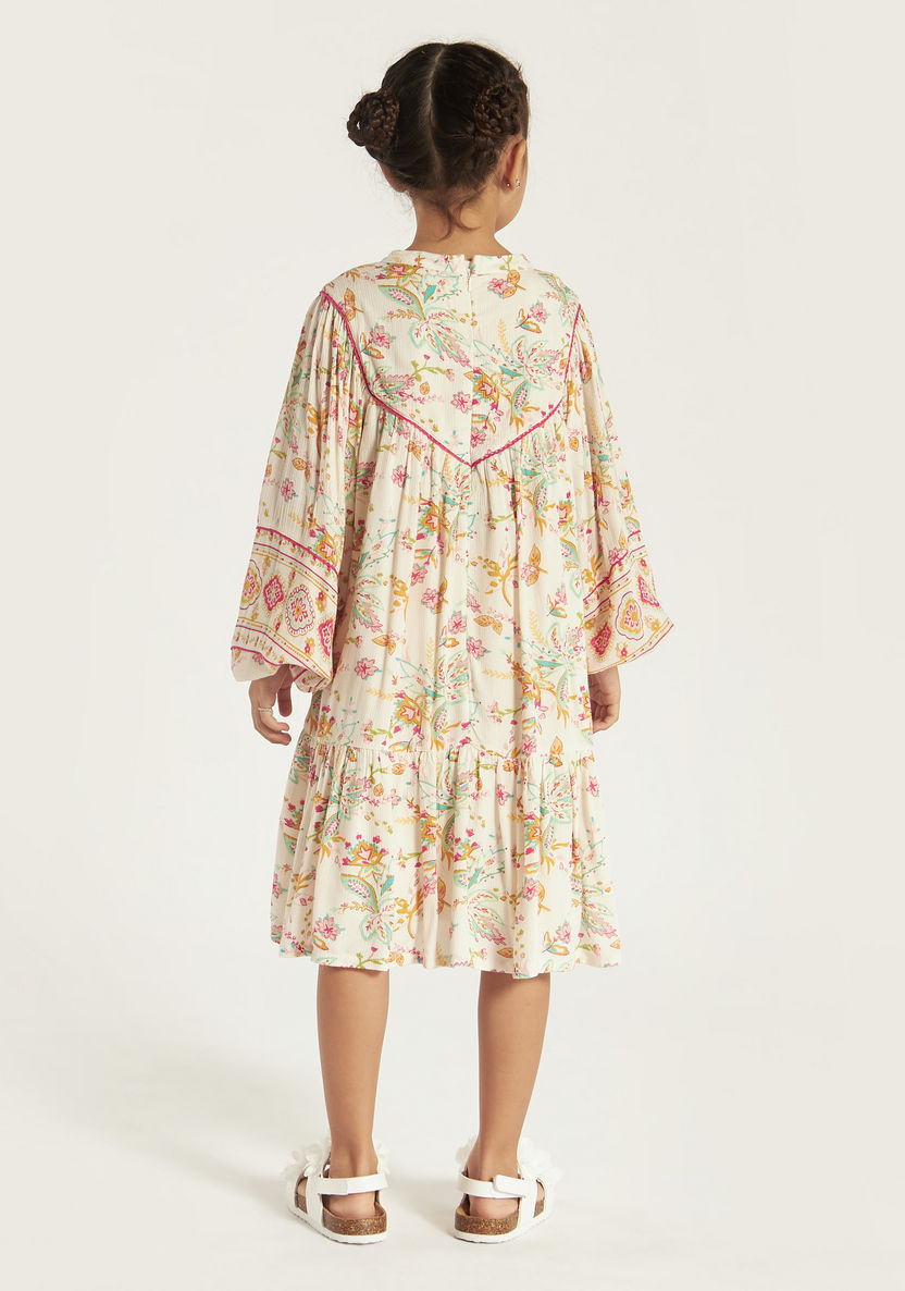 Juniors All Over Floral Print Drop Waist Dress with Tie-Up Neck-Dresses, Gowns & Frocks-image-3