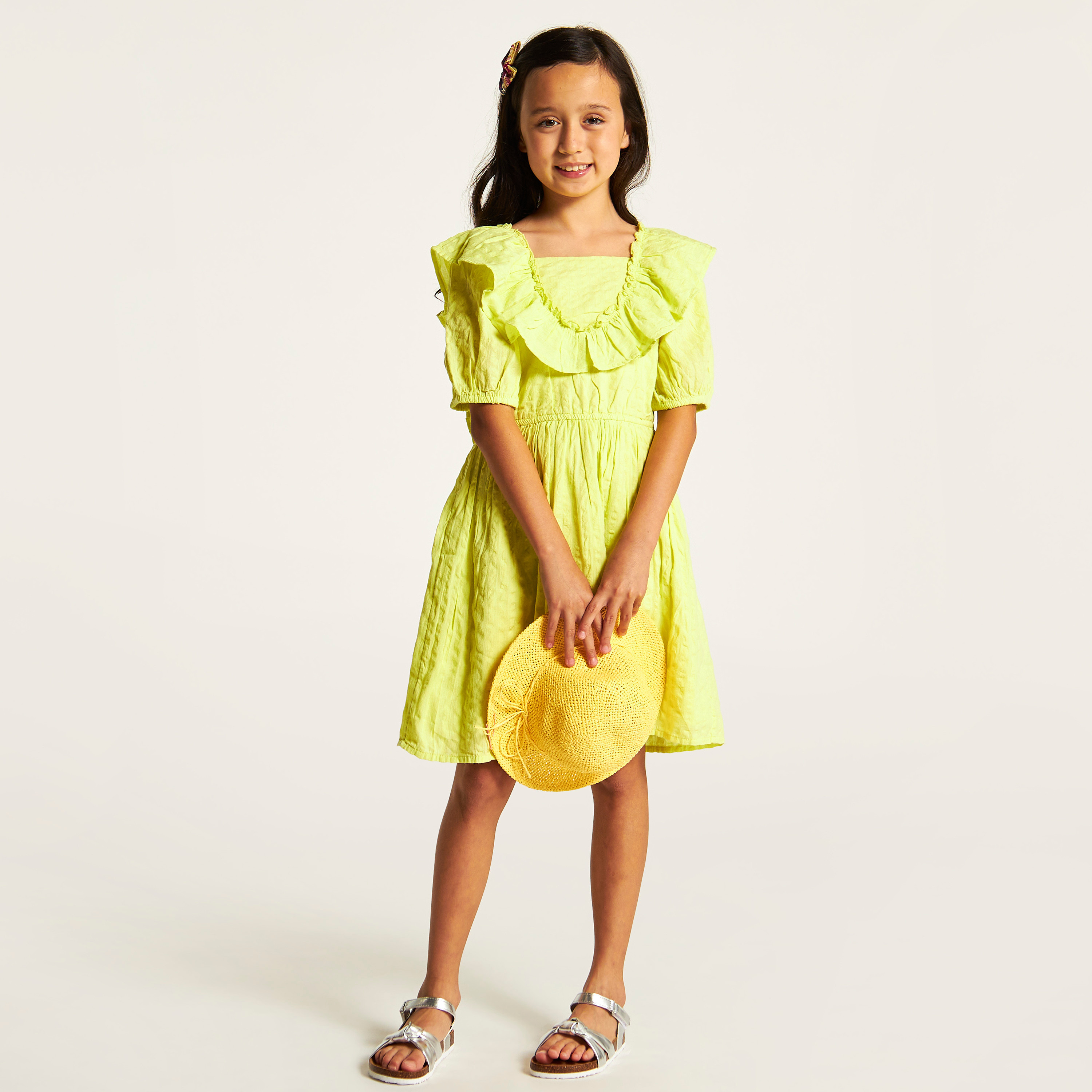 Juniors Textured A-line Dress with Ruffles and Short Sleeves-girls-clothing-dressesandjumpsuits-image-1